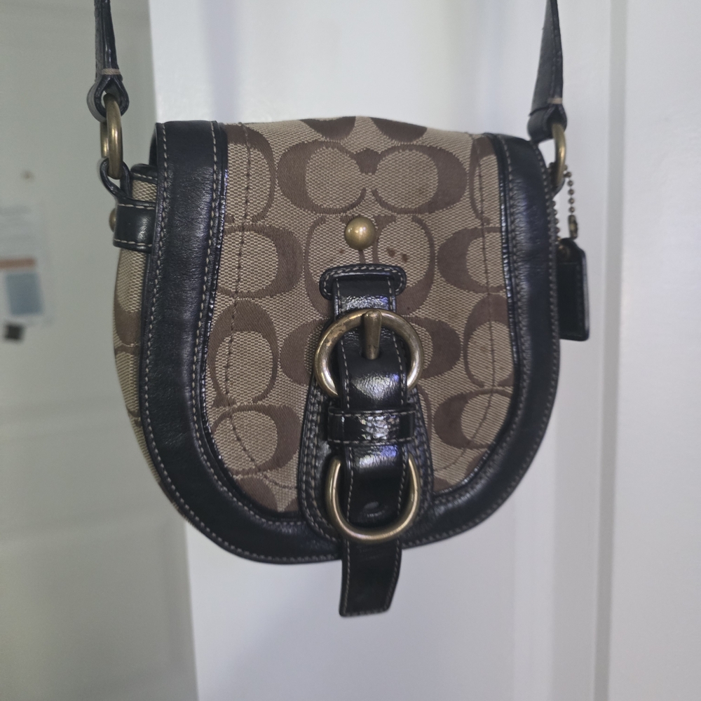 Coach Black And Tan Crossbody Bag With Purple Interior